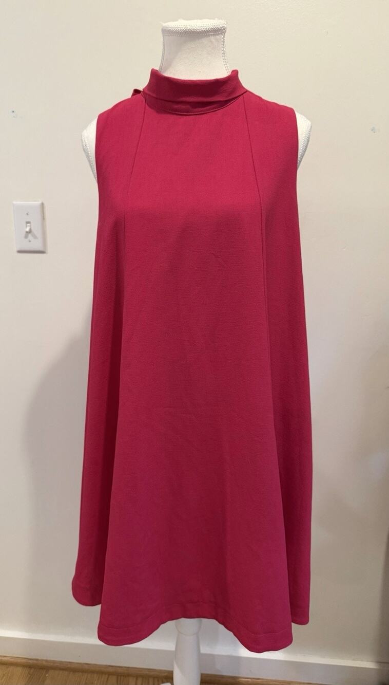 Hot Pink Fuschia Turtleneck Sleeveless Back Tie Waistless Trapeze Mini Dress L